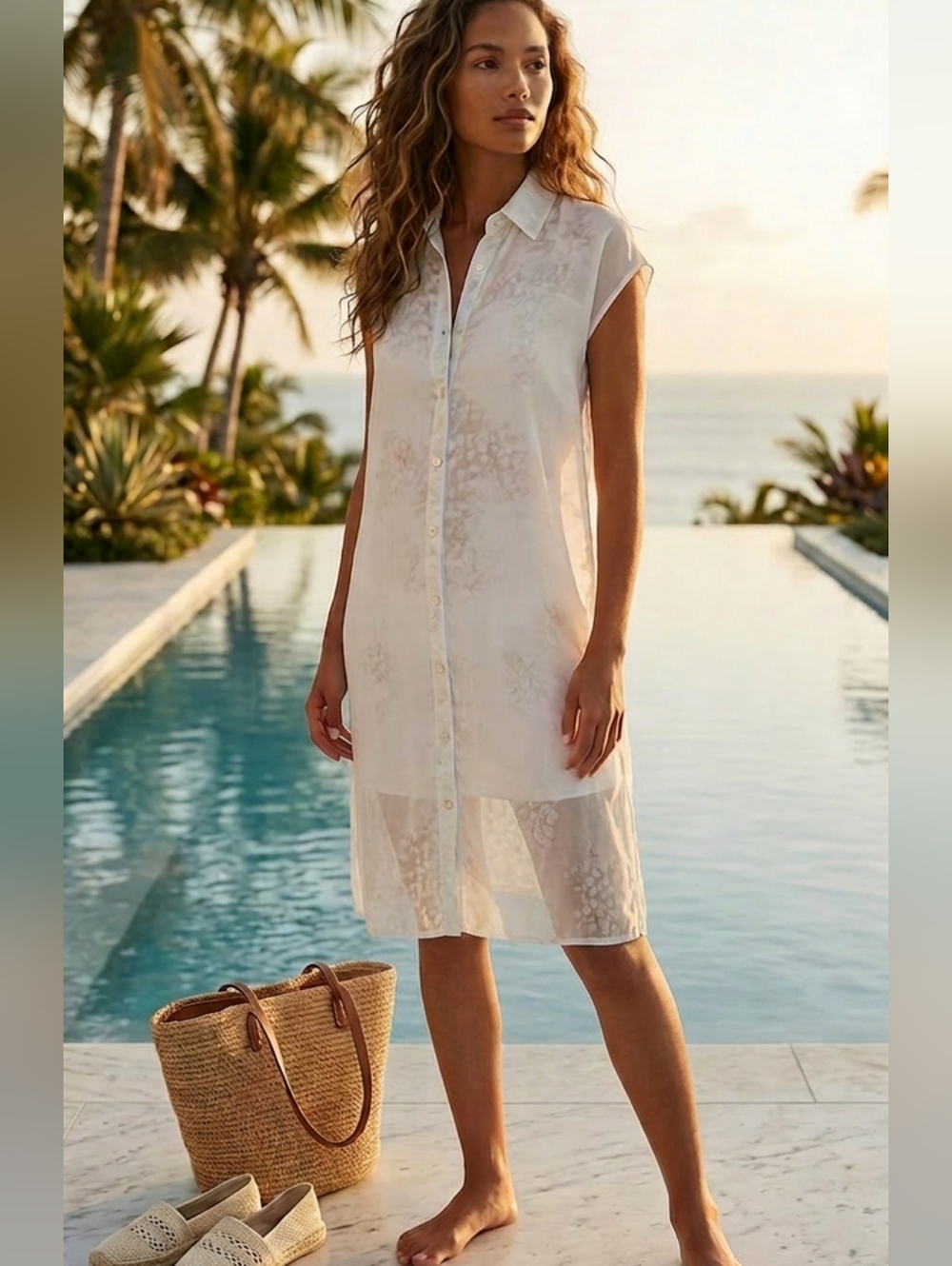 New H by Halston Light Beige/grey Patterned Shirt Duster